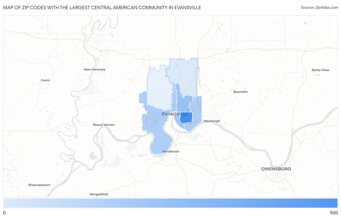 Zip Codes with the Largest Central American Community in Evansville Map