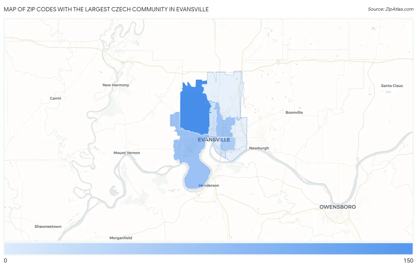 Zip Codes with the Largest Czech Community in Evansville Map