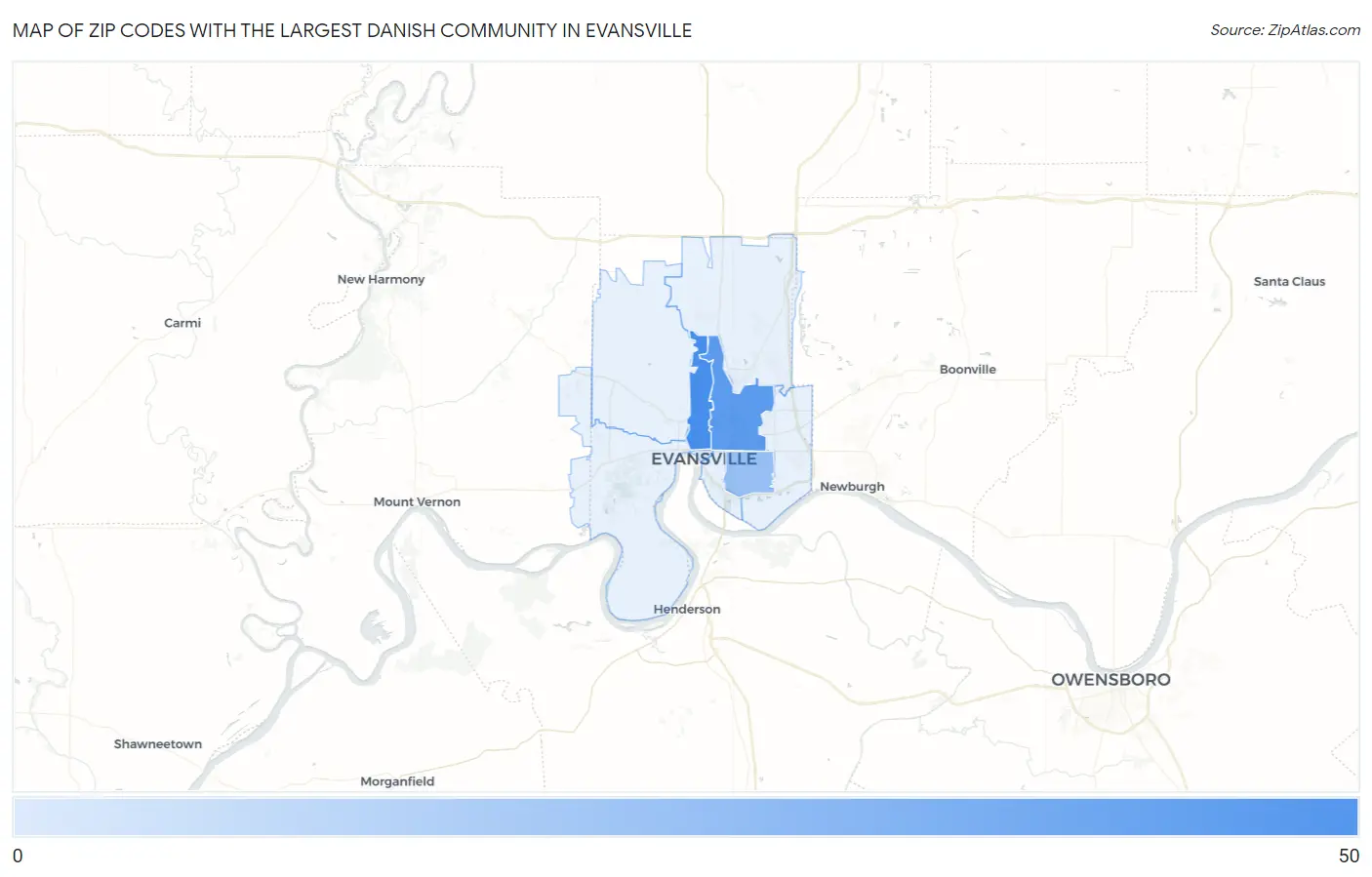 Zip Codes with the Largest Danish Community in Evansville Map