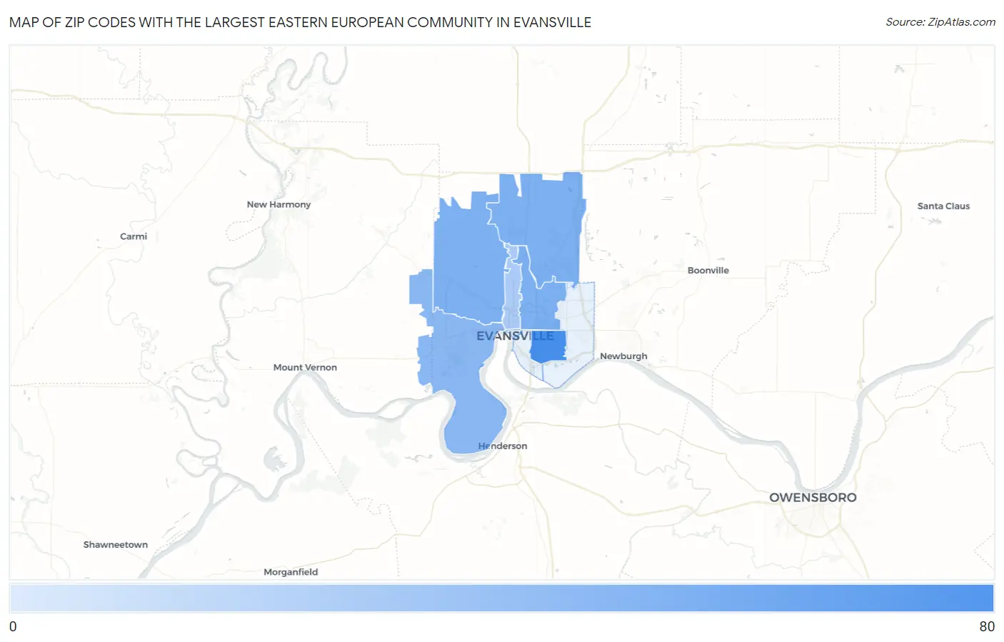 Zip Codes with the Largest Eastern European Community in Evansville Map