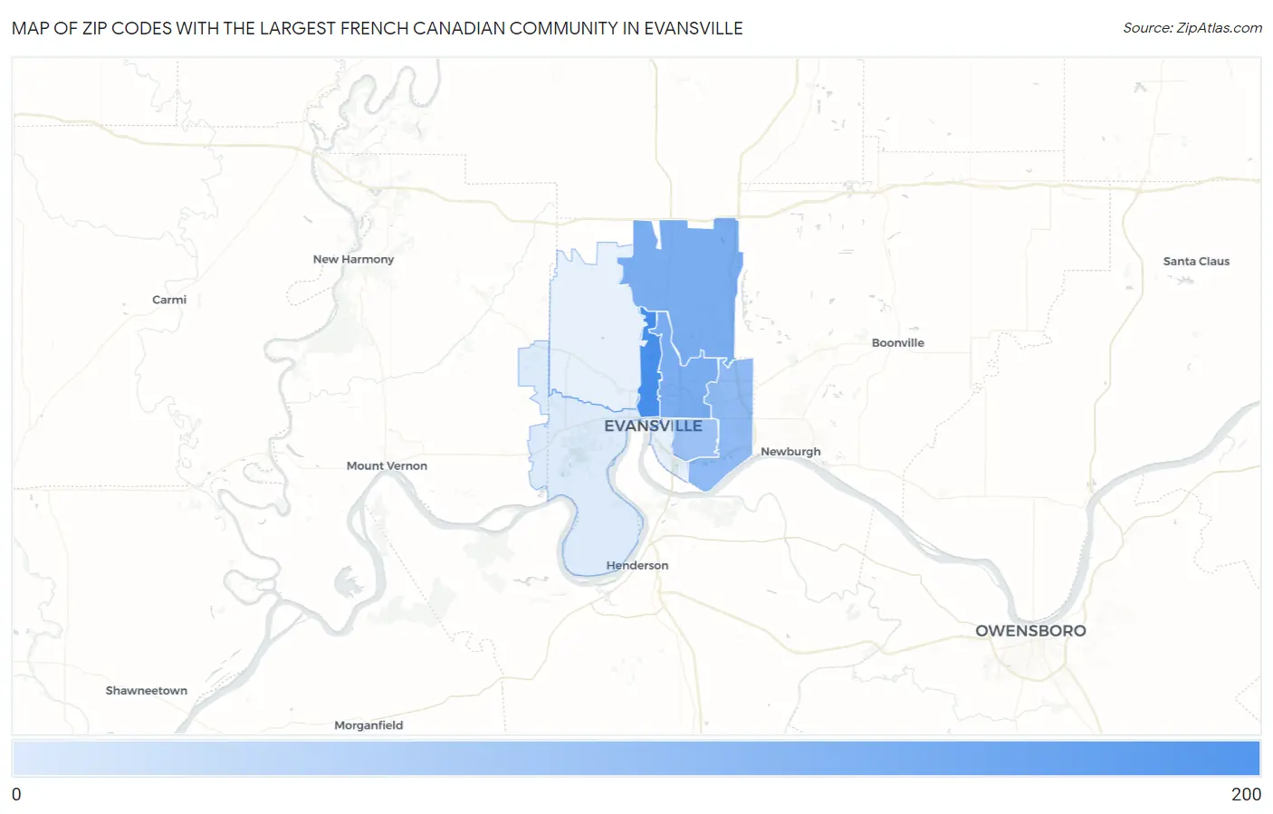 Zip Codes with the Largest French Canadian Community in Evansville Map