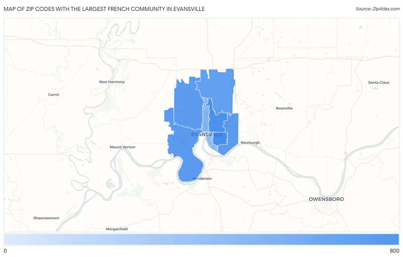 Zip Codes with the Largest French Community in Evansville Map
