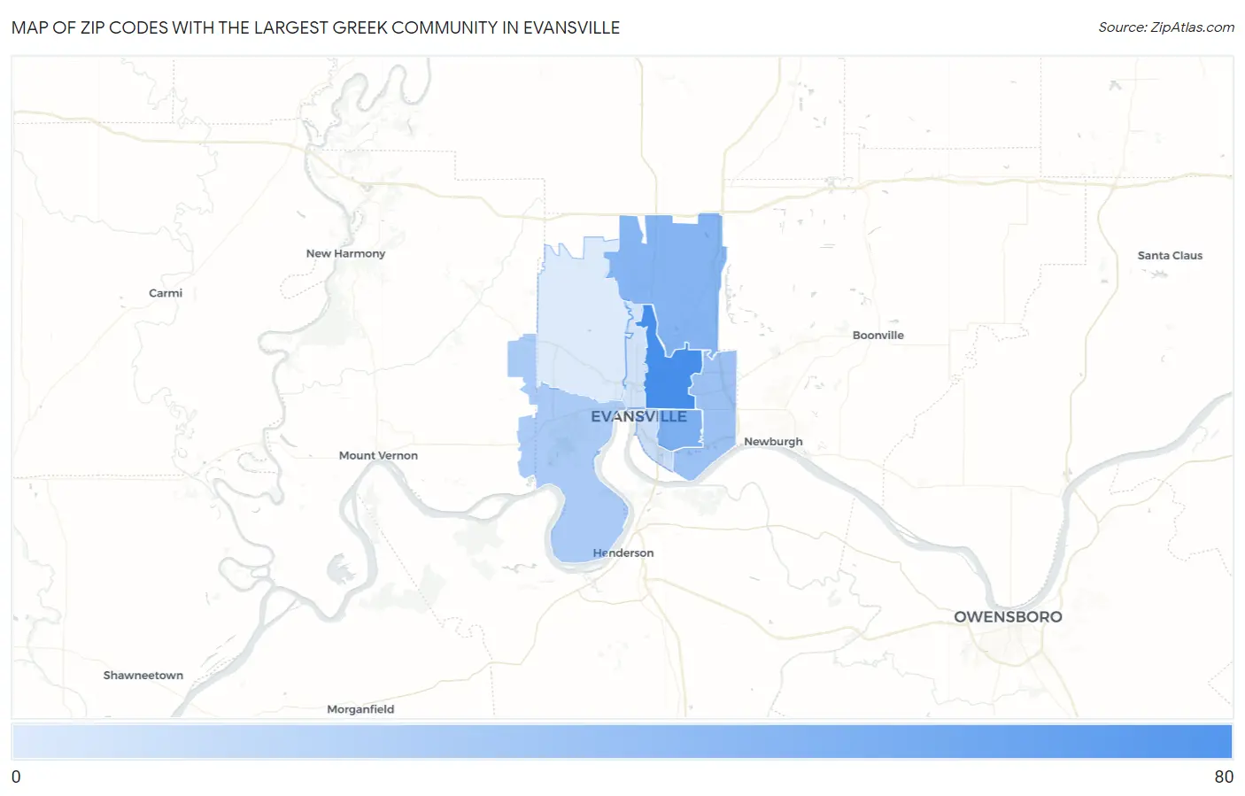Zip Codes with the Largest Greek Community in Evansville Map