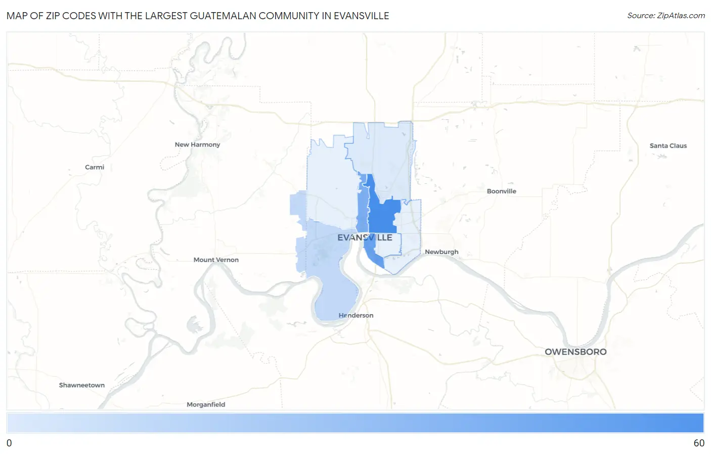 Zip Codes with the Largest Guatemalan Community in Evansville Map