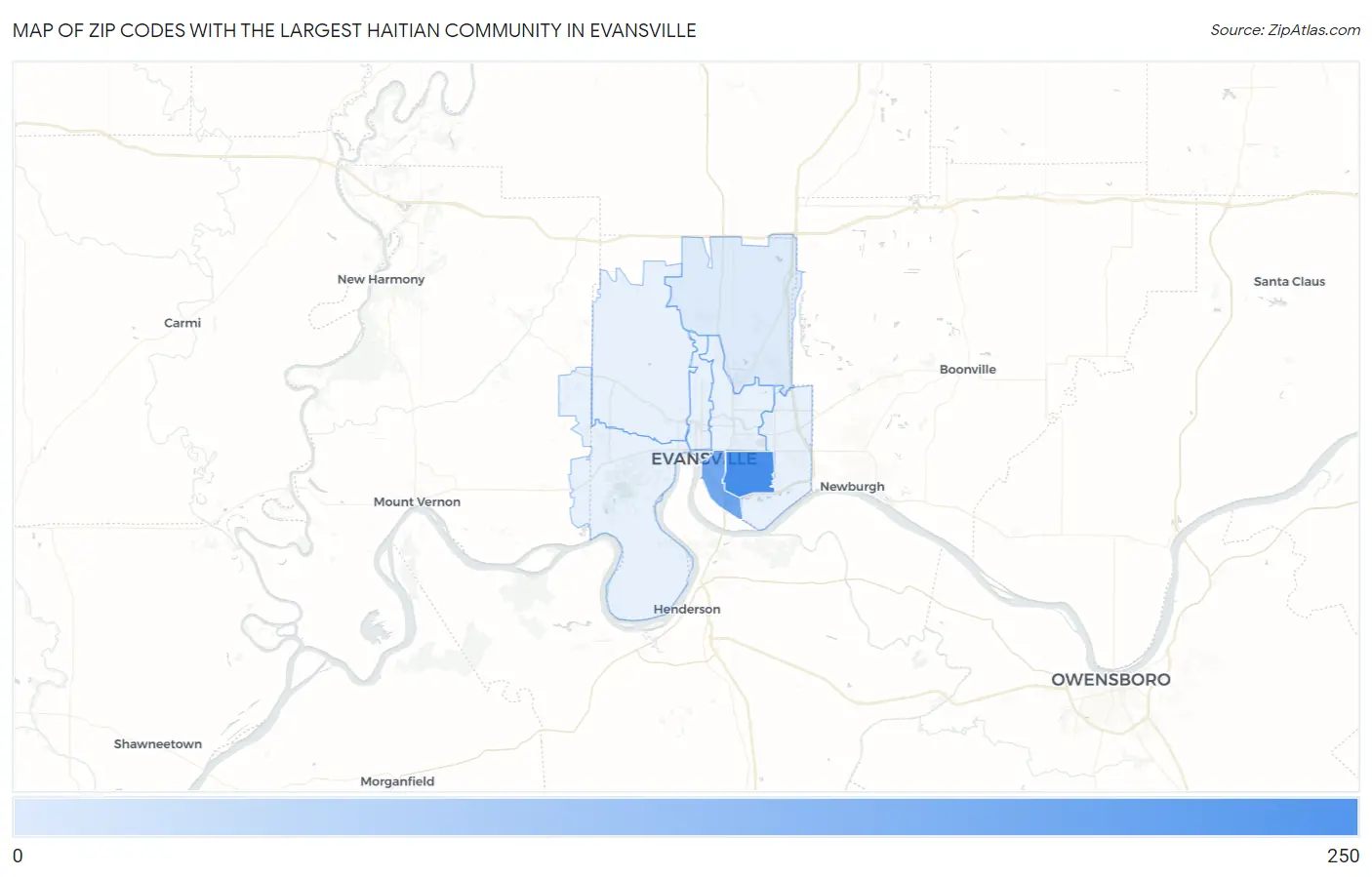 Zip Codes with the Largest Haitian Community in Evansville Map
