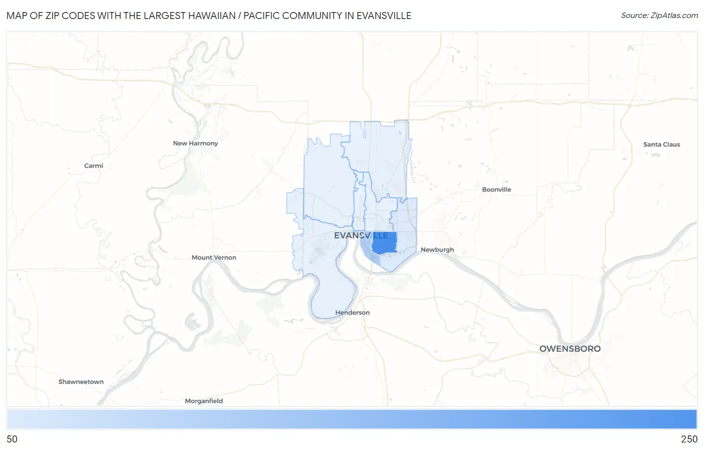 Zip Codes with the Largest Hawaiian / Pacific Community in Evansville Map