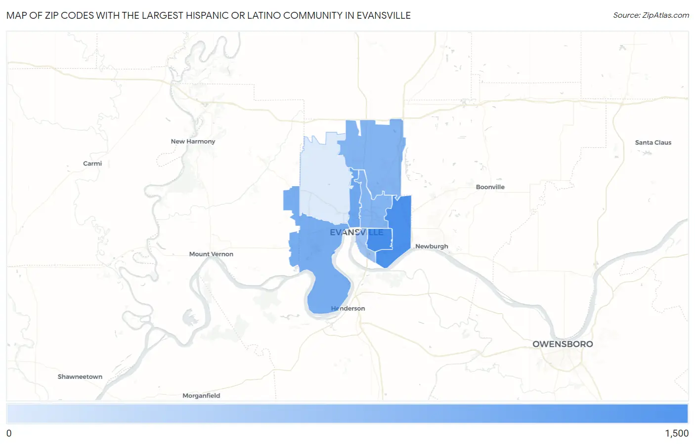 Zip Codes with the Largest Hispanic or Latino Community in Evansville Map