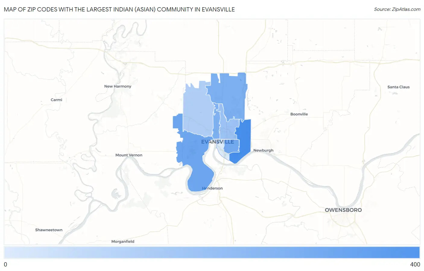 Zip Codes with the Largest Indian (Asian) Community in Evansville Map