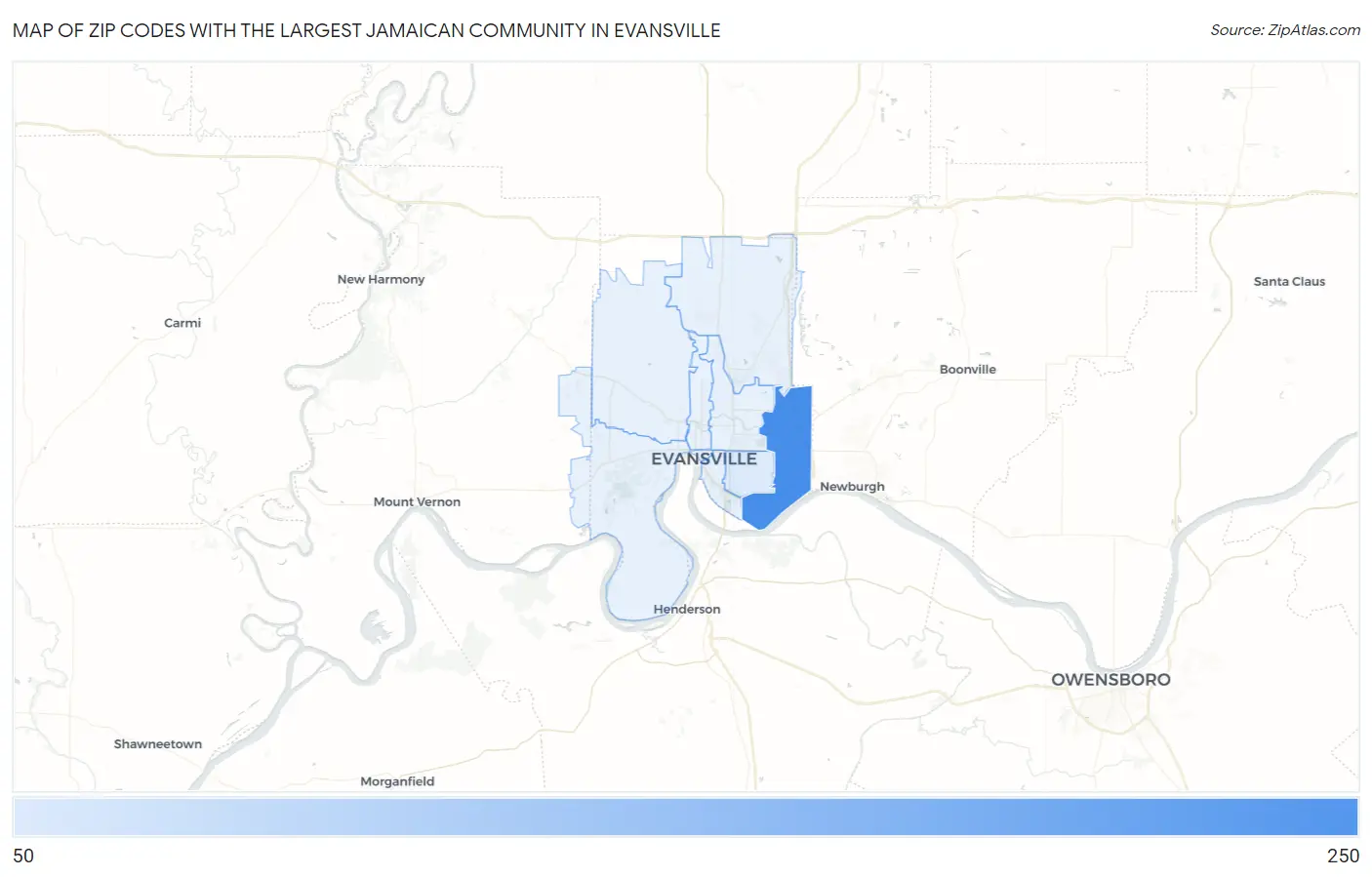 Zip Codes with the Largest Jamaican Community in Evansville Map