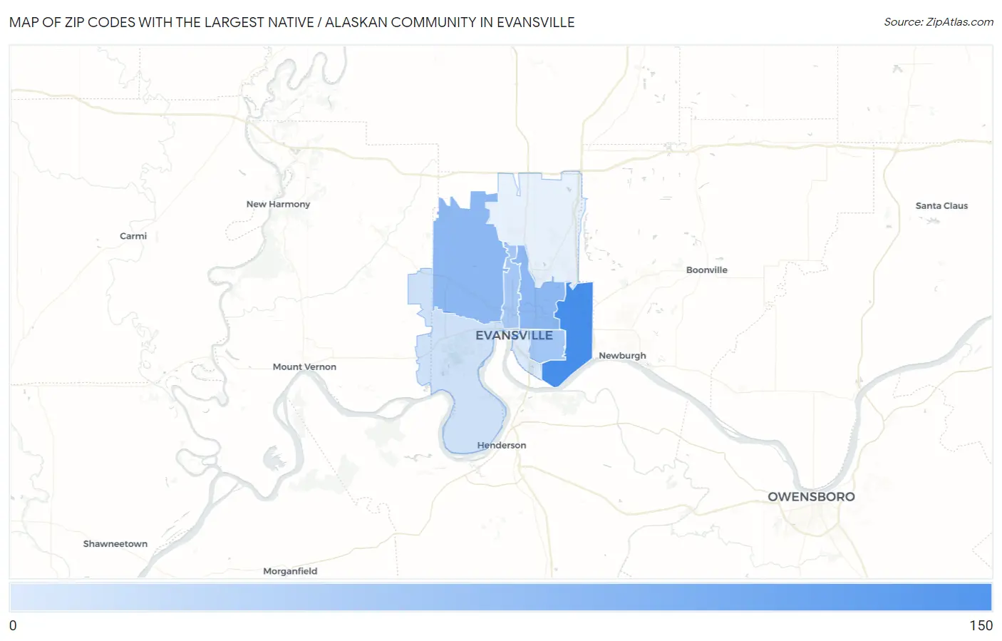 Zip Codes with the Largest Native / Alaskan Community in Evansville Map