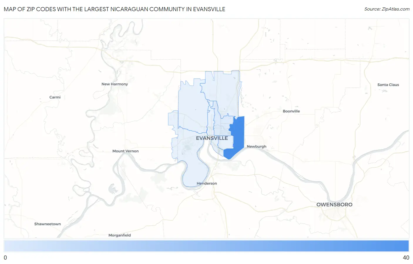 Zip Codes with the Largest Nicaraguan Community in Evansville Map