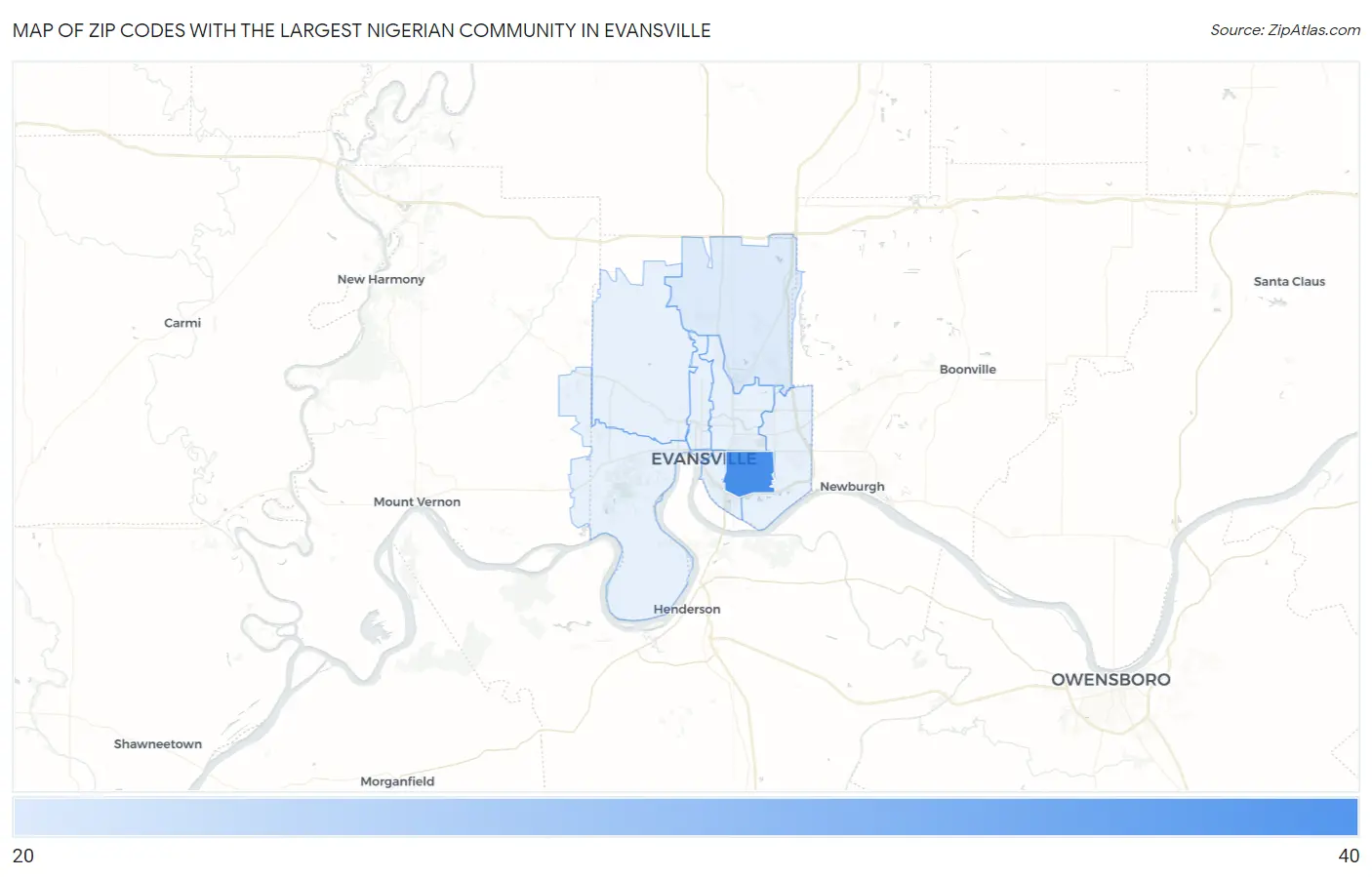 Zip Codes with the Largest Nigerian Community in Evansville Map
