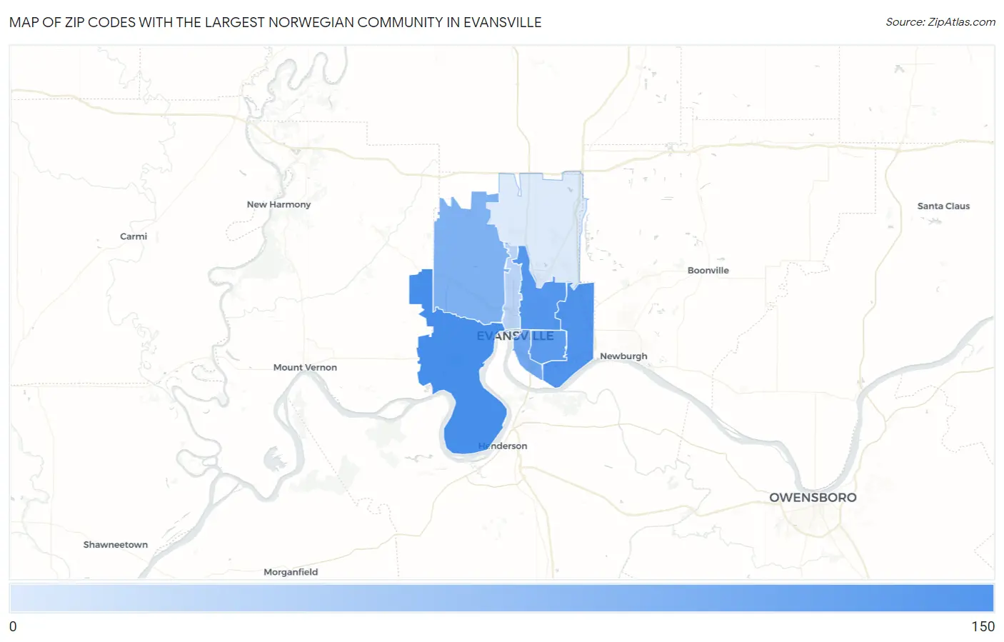 Zip Codes with the Largest Norwegian Community in Evansville Map
