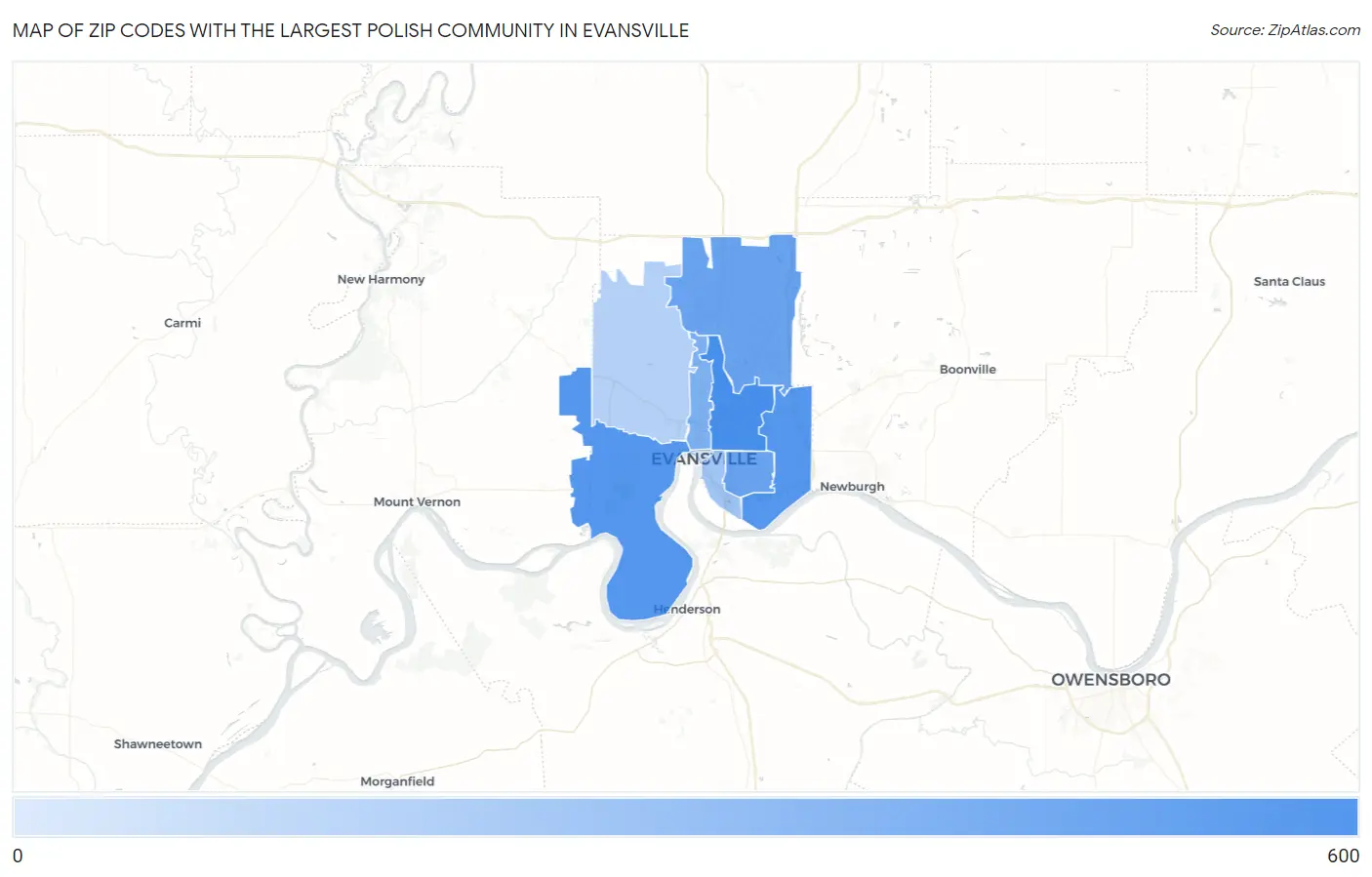 Zip Codes with the Largest Polish Community in Evansville Map