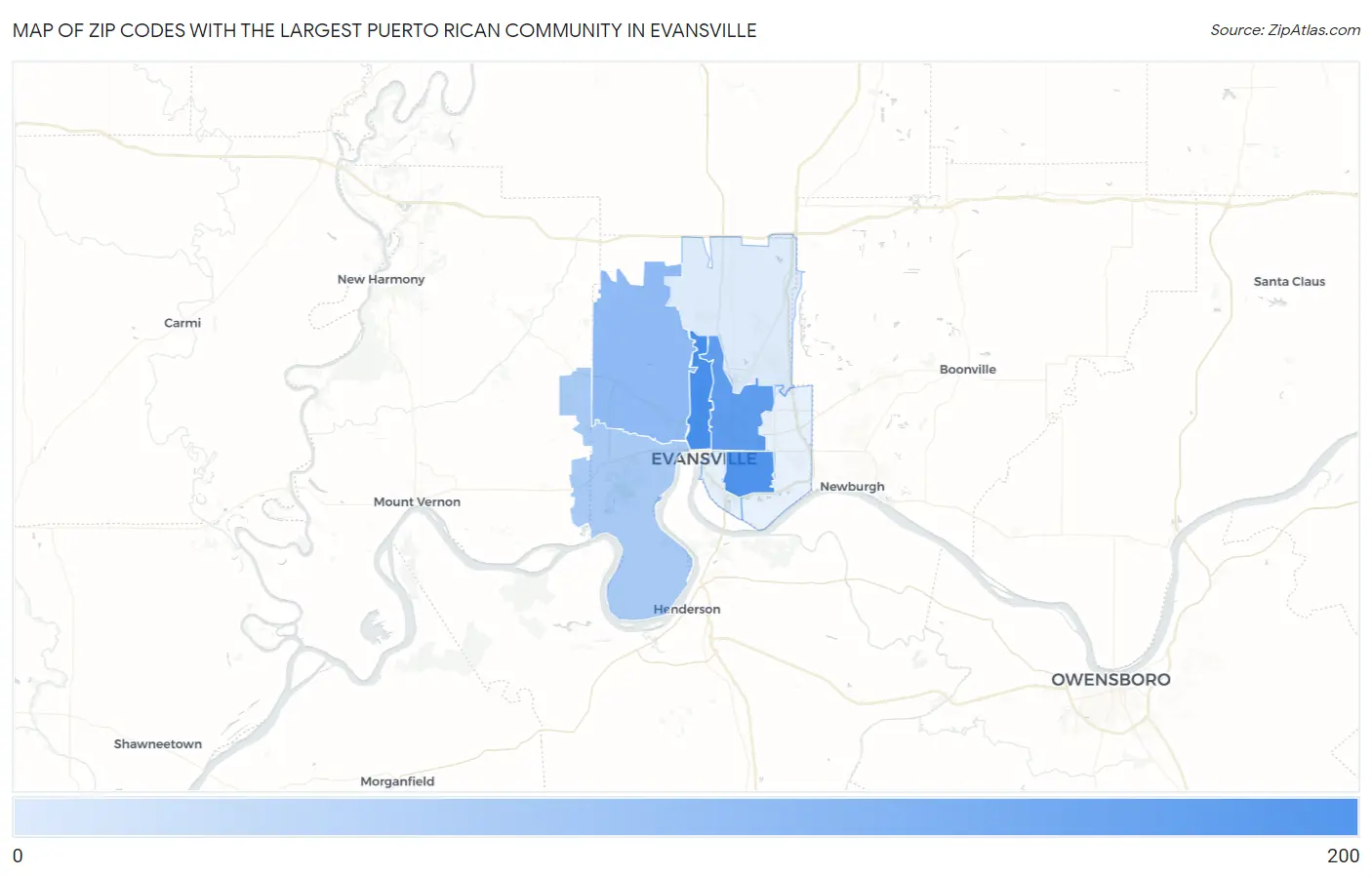 Zip Codes with the Largest Puerto Rican Community in Evansville Map