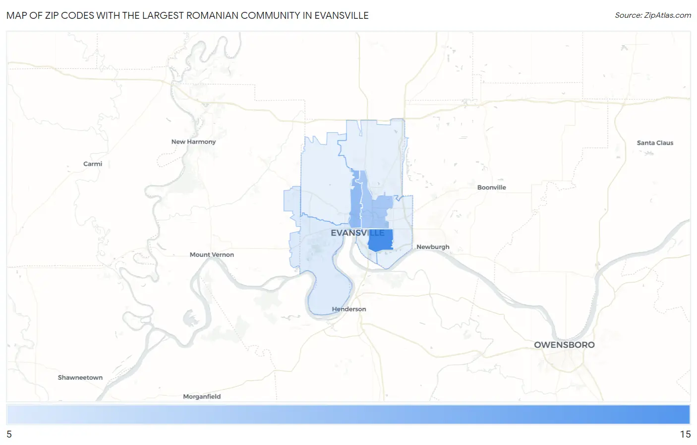 Zip Codes with the Largest Romanian Community in Evansville Map