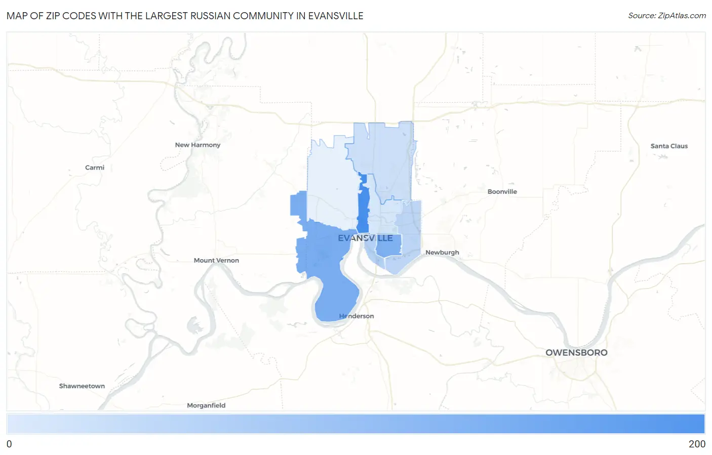 Zip Codes with the Largest Russian Community in Evansville Map