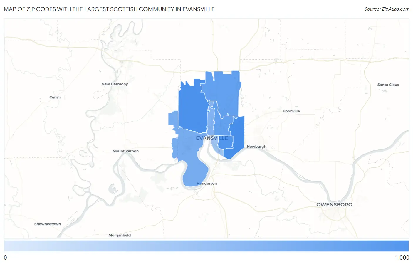 Zip Codes with the Largest Scottish Community in Evansville Map