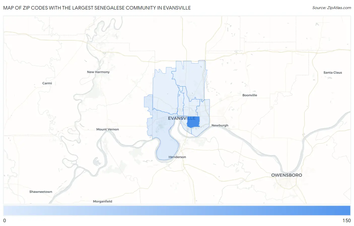 Zip Codes with the Largest Senegalese Community in Evansville Map
