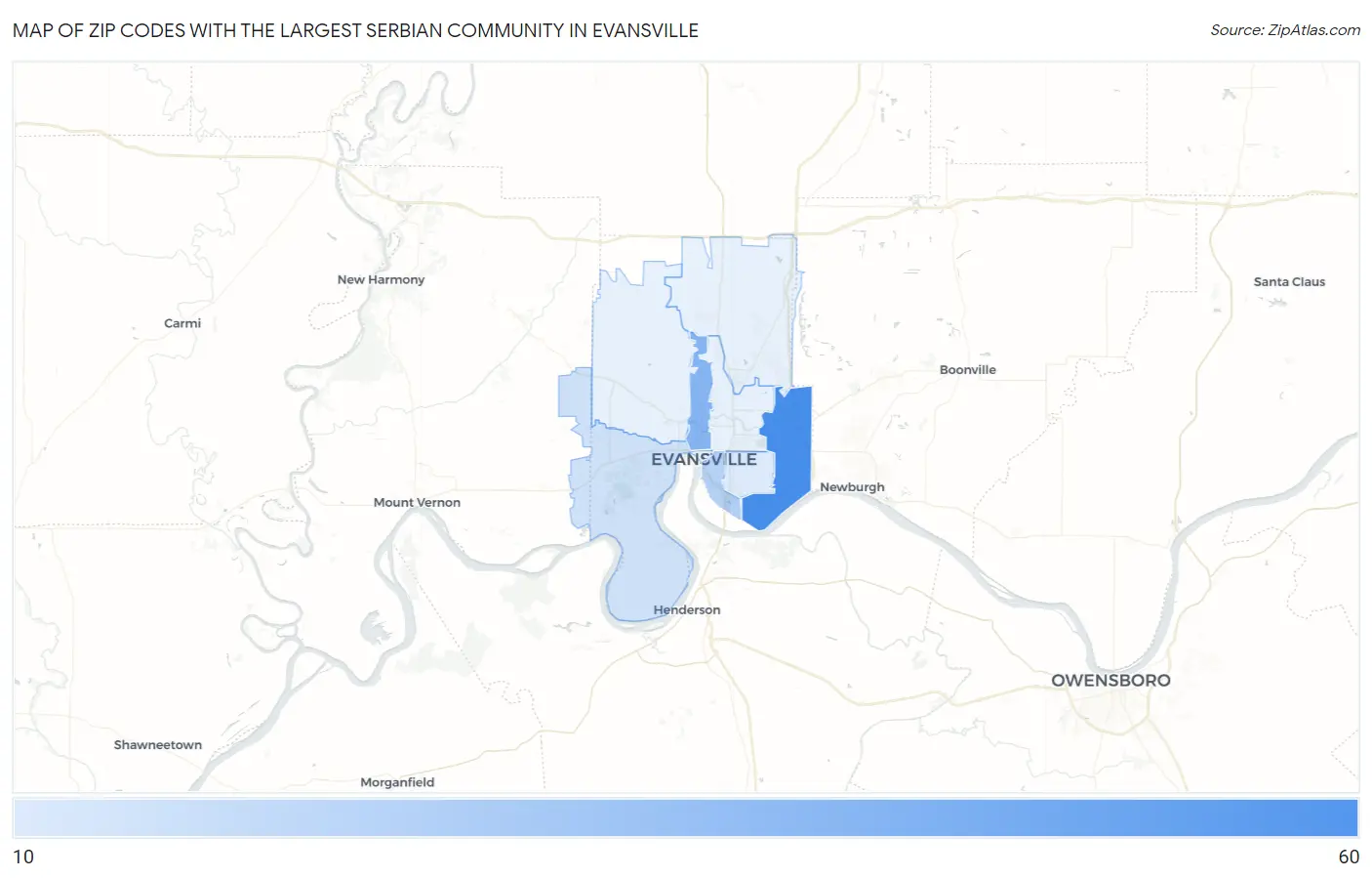 Zip Codes with the Largest Serbian Community in Evansville Map