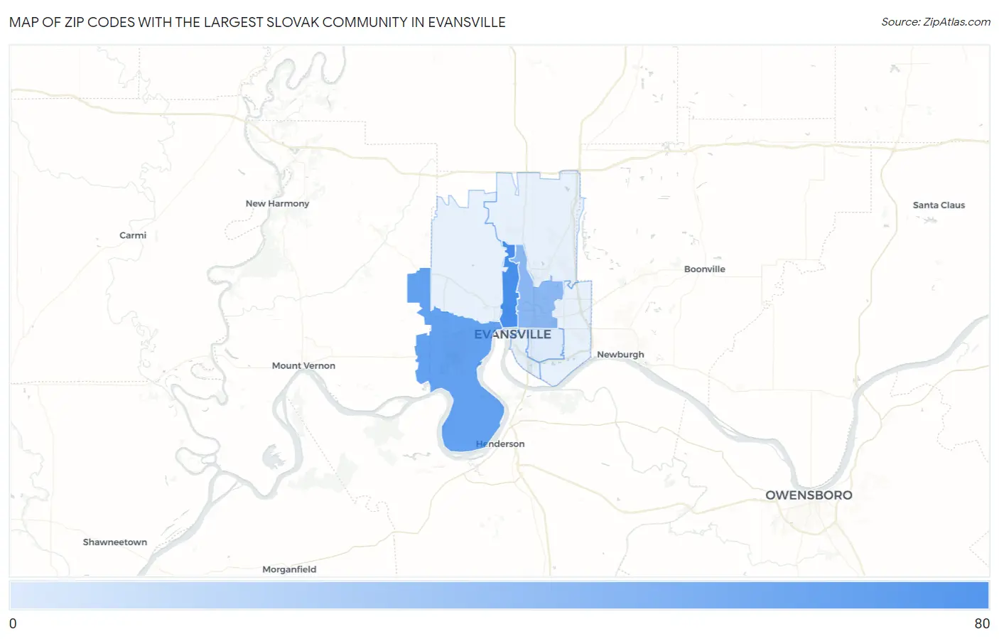 Zip Codes with the Largest Slovak Community in Evansville Map