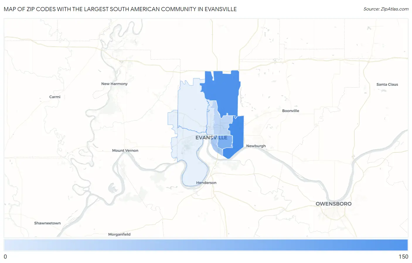 Zip Codes with the Largest South American Community in Evansville Map