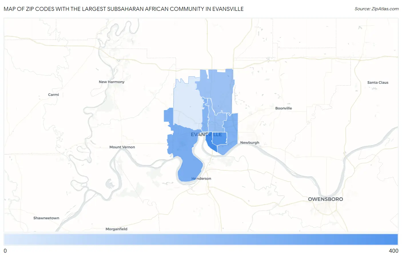 Zip Codes with the Largest Subsaharan African Community in Evansville Map