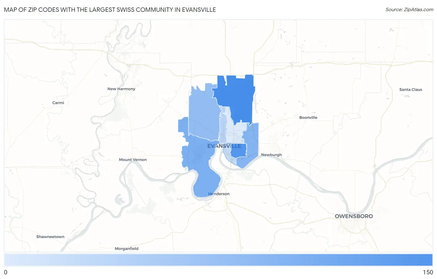 Zip Codes with the Largest Swiss Community in Evansville Map