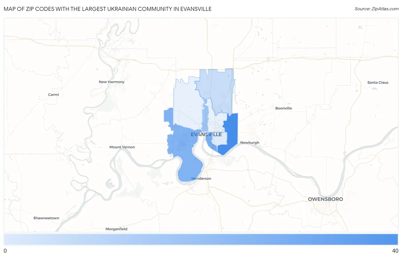 Zip Codes with the Largest Ukrainian Community in Evansville Map