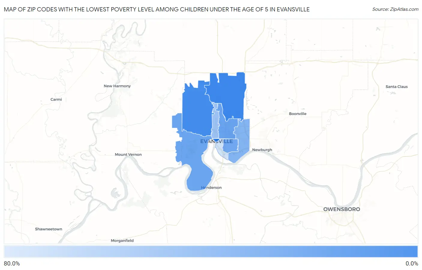Zip Codes with the Lowest Poverty Level Among Children Under the Age of 5 in Evansville Map