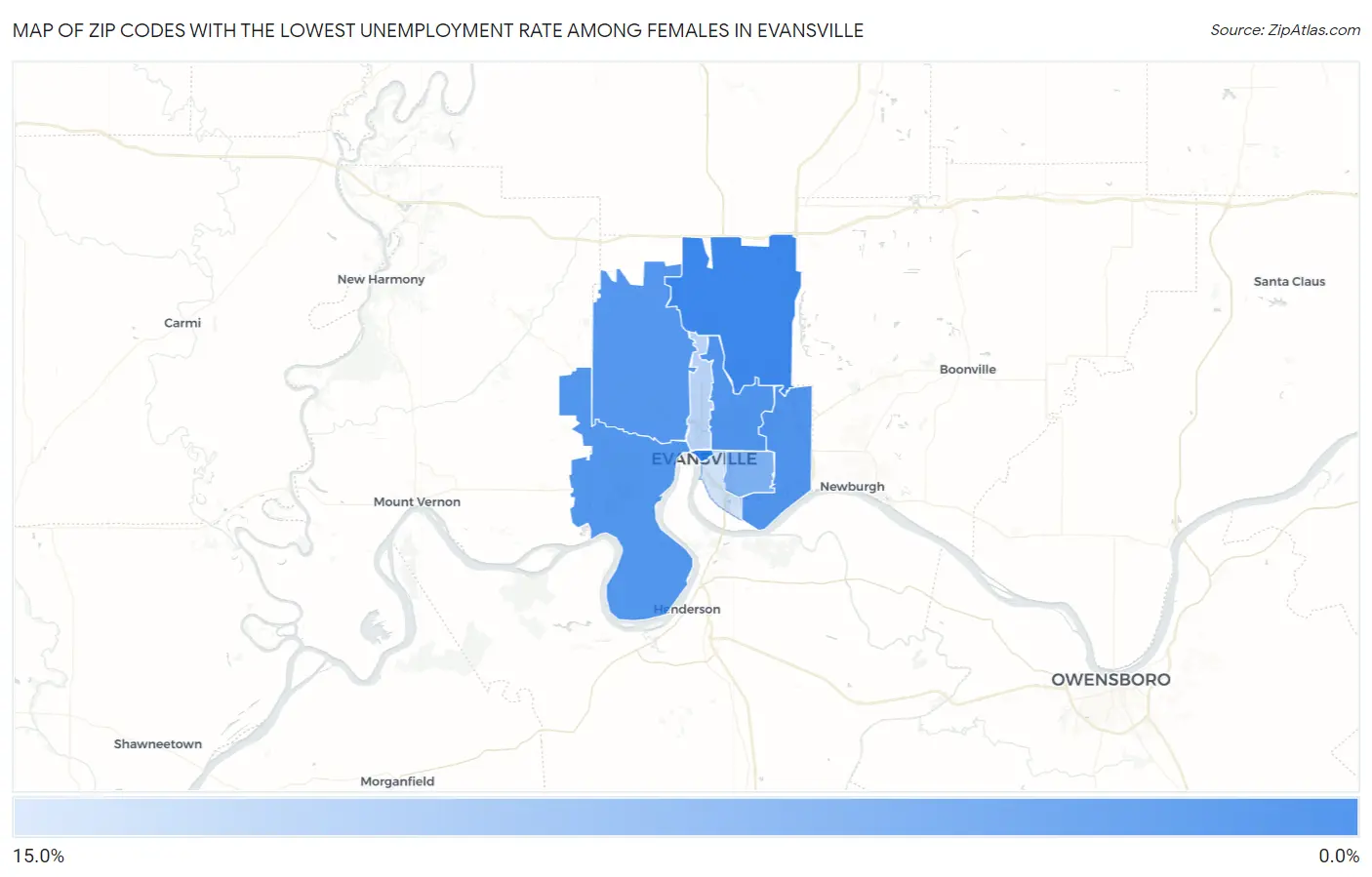 Zip Codes with the Lowest Unemployment Rate Among Females in Evansville Map