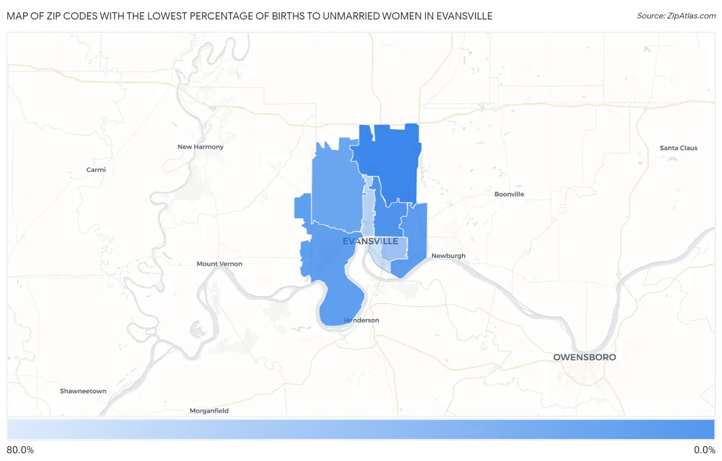 Zip Codes with the Lowest Percentage of Births to Unmarried Women in Evansville Map