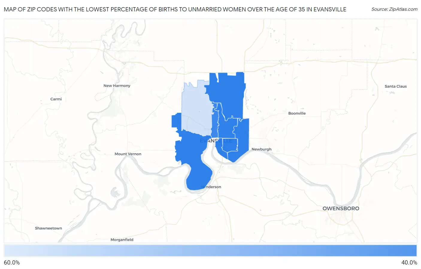 Zip Codes with the Lowest Percentage of Births to Unmarried Women over the Age of 35 in Evansville Map