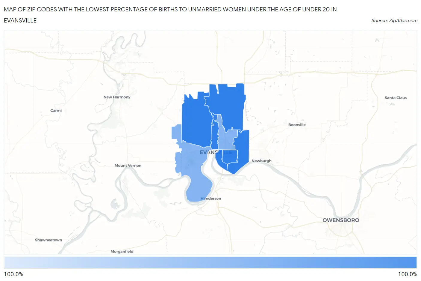 Zip Codes with the Lowest Percentage of Births to Unmarried Women under the Age of under 20 in Evansville Map