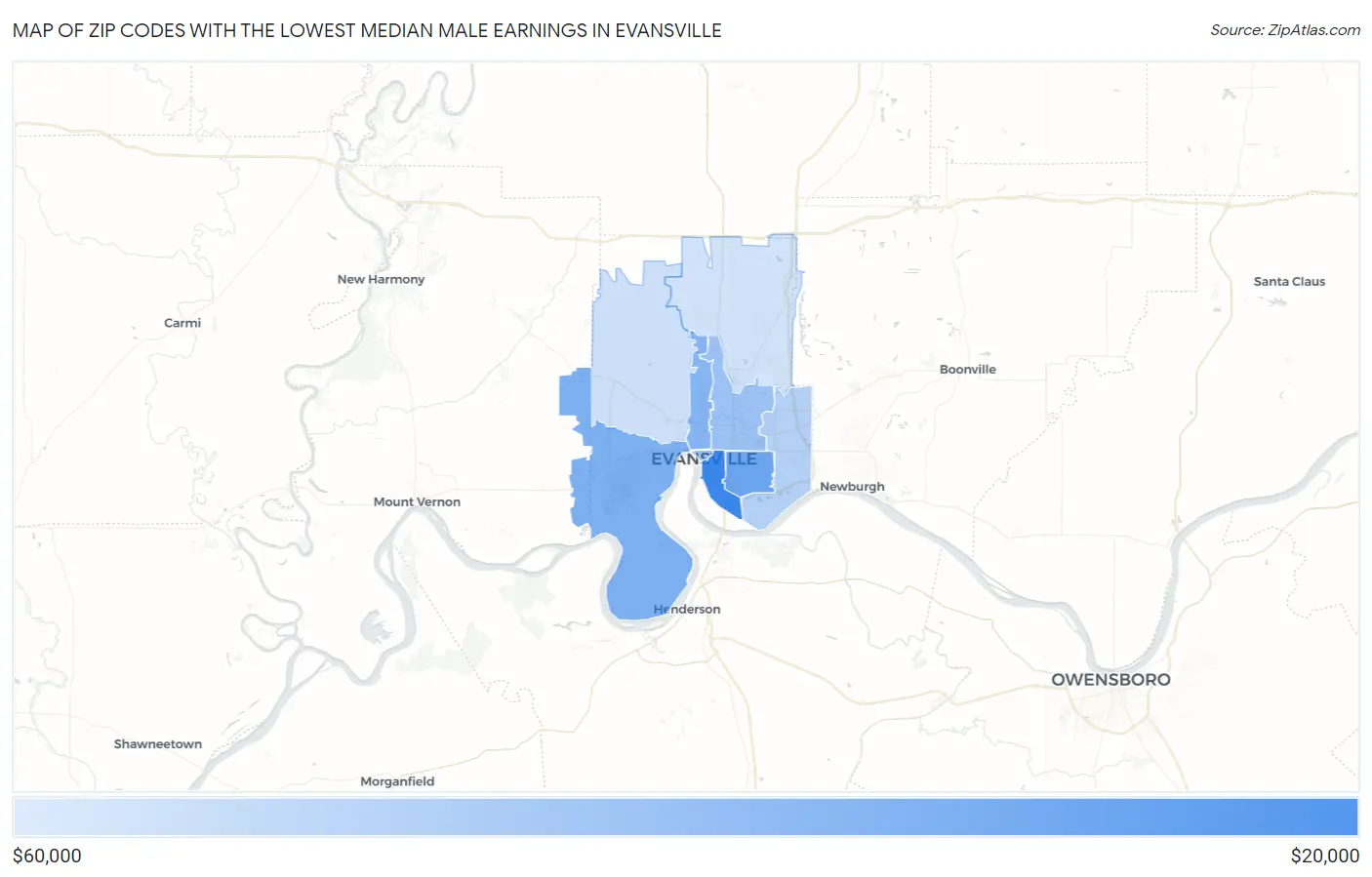 Zip Codes with the Lowest Median Male Earnings in Evansville Map