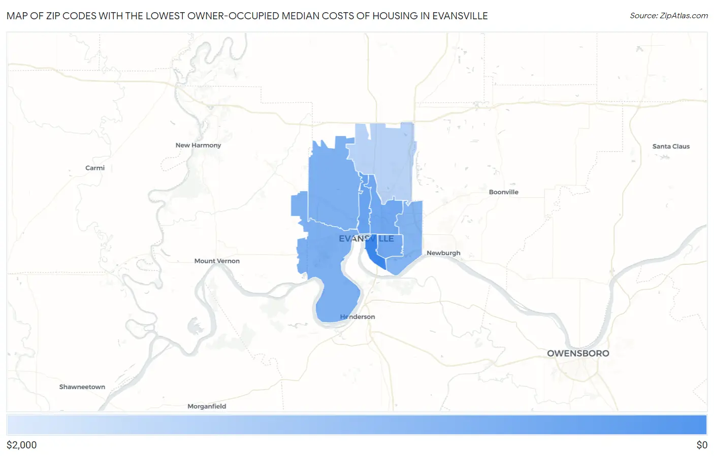 Zip Codes with the Lowest Owner-Occupied Median Costs of Housing in Evansville Map