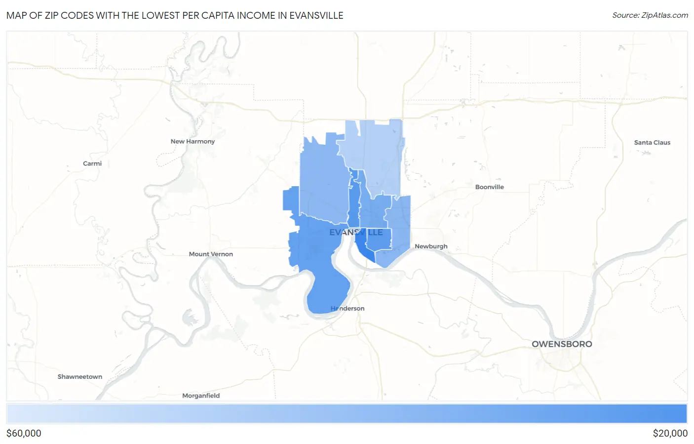 Zip Codes with the Lowest Per Capita Income in Evansville Map