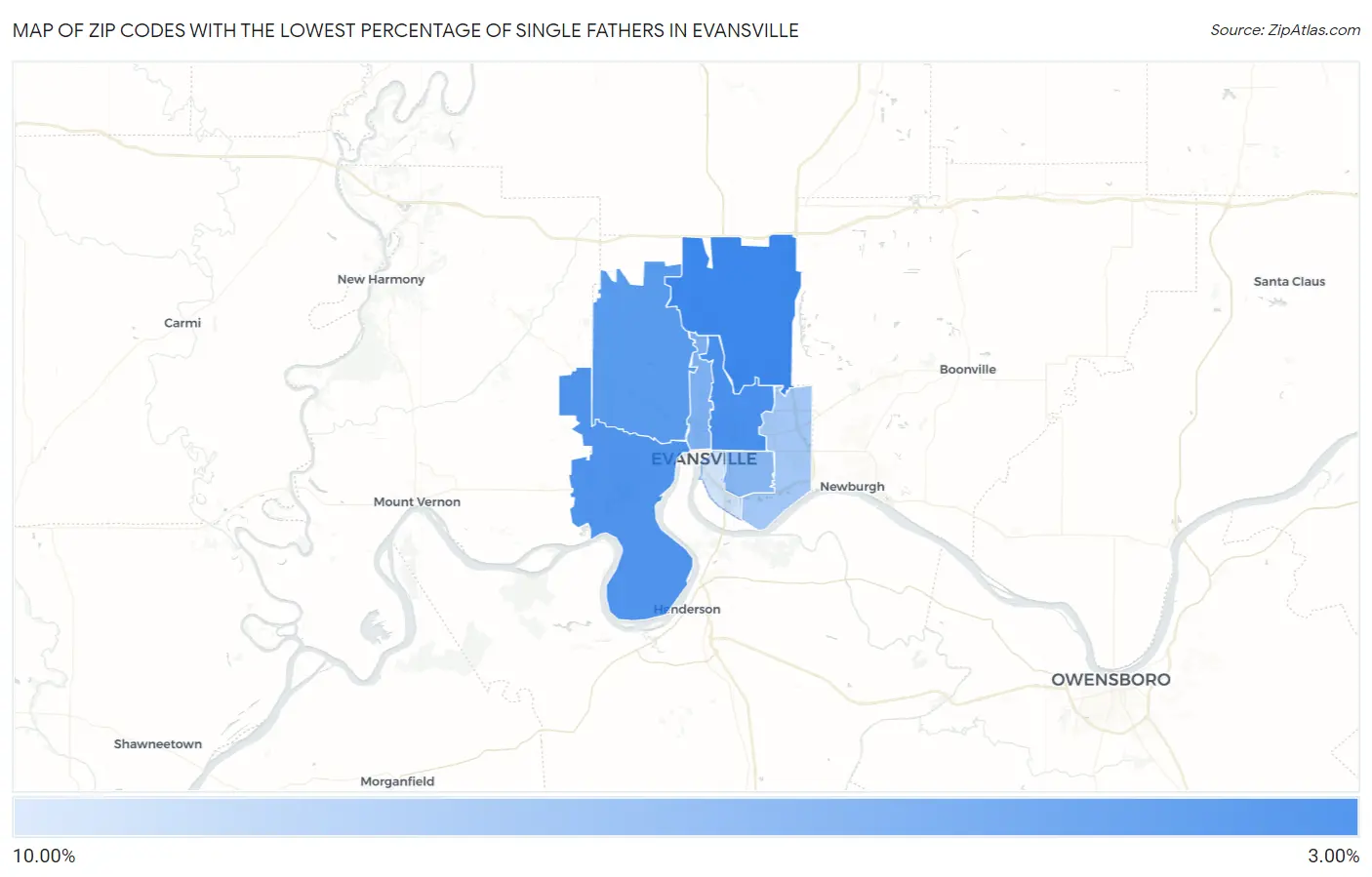 Zip Codes with the Lowest Percentage of Single Fathers in Evansville Map