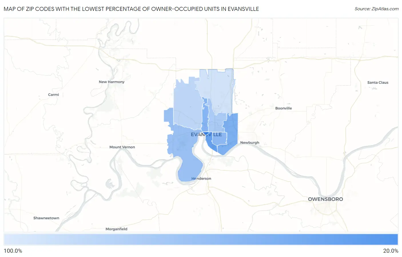 Zip Codes with the Lowest Percentage of Owner-Occupied Units in Evansville Map