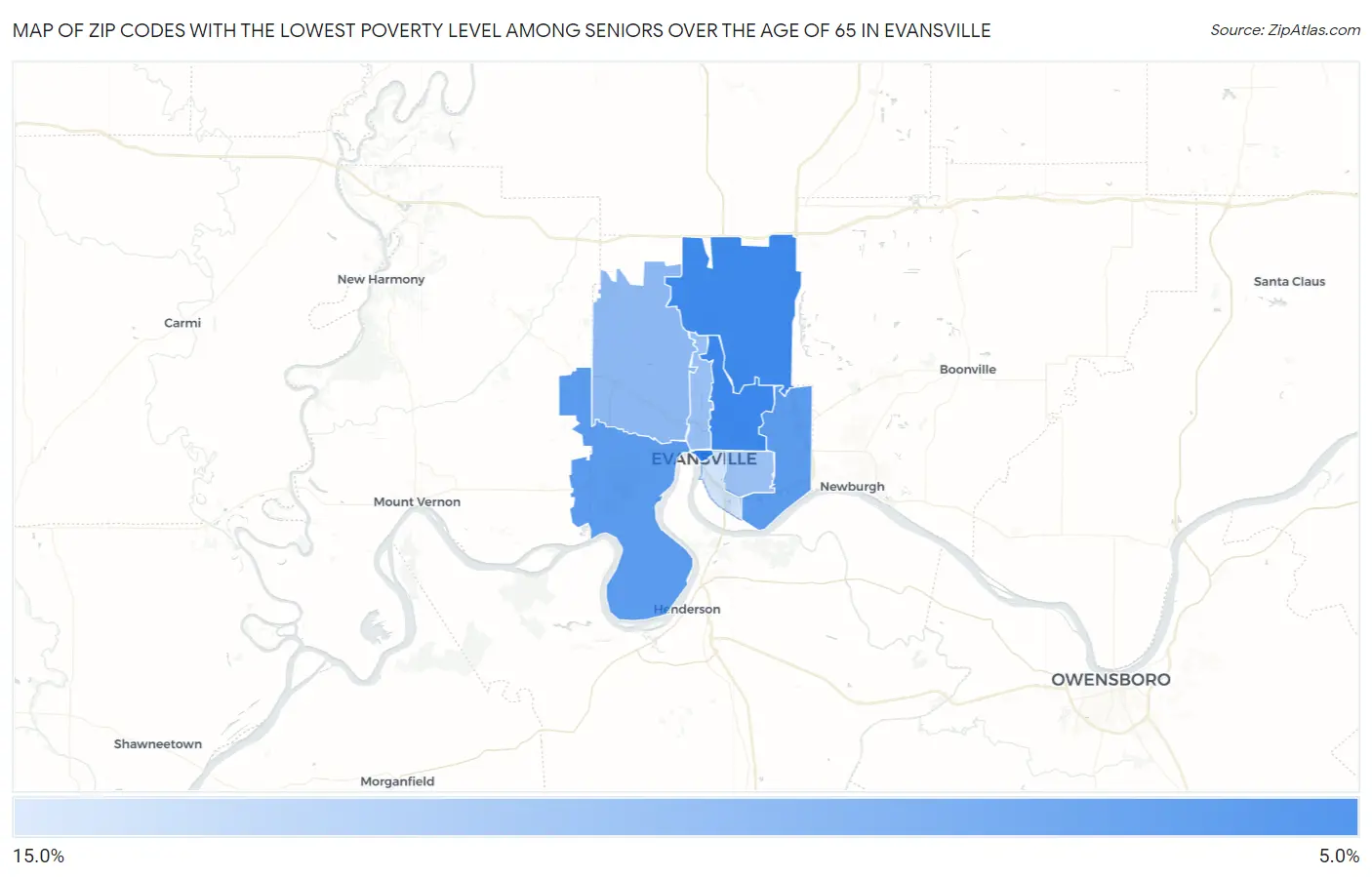 Zip Codes with the Lowest Poverty Level Among Seniors Over the Age of 65 in Evansville Map