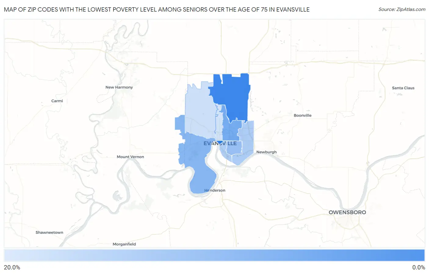 Zip Codes with the Lowest Poverty Level Among Seniors Over the Age of 75 in Evansville Map