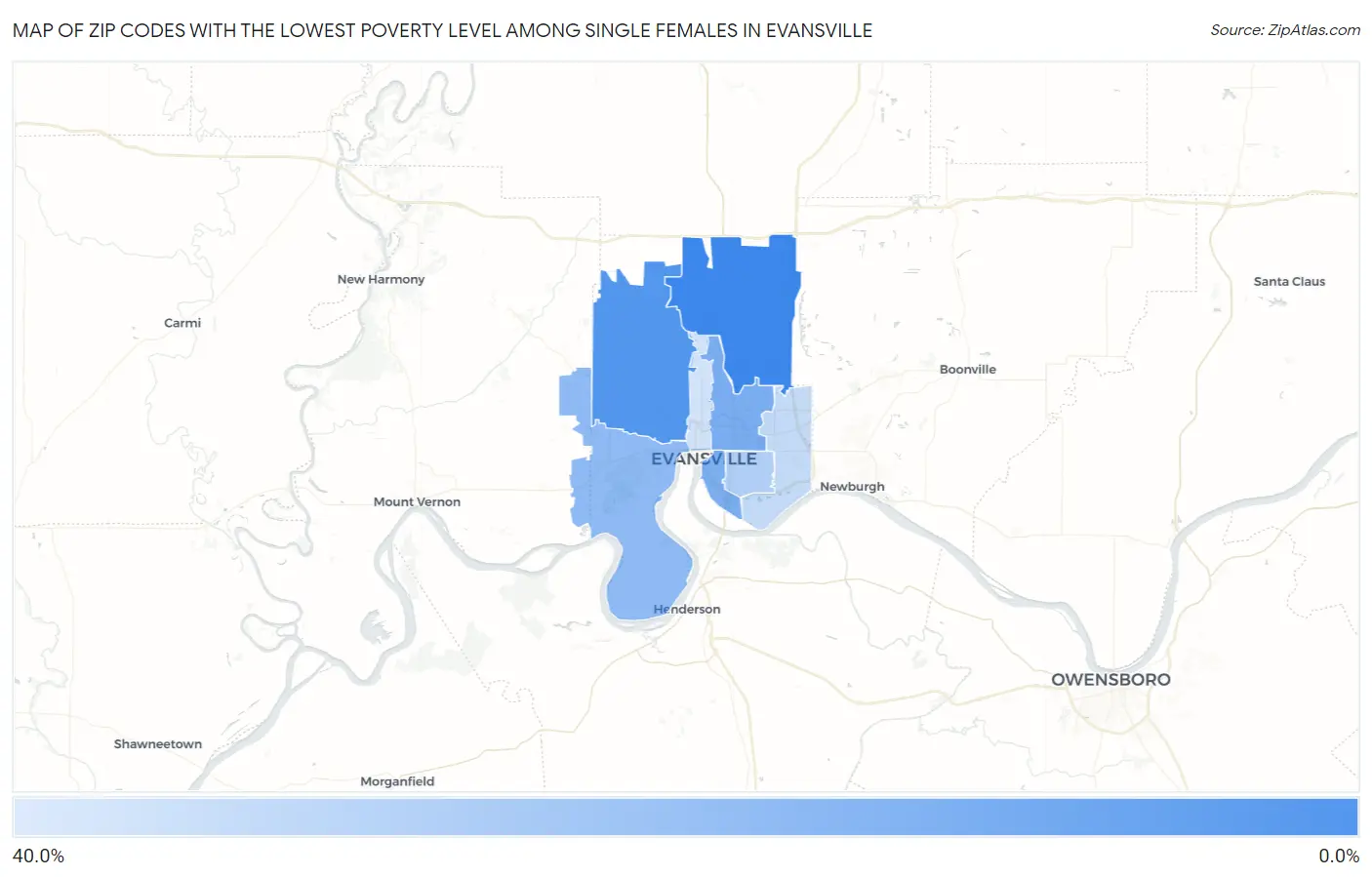 Zip Codes with the Lowest Poverty Level Among Single Females in Evansville Map