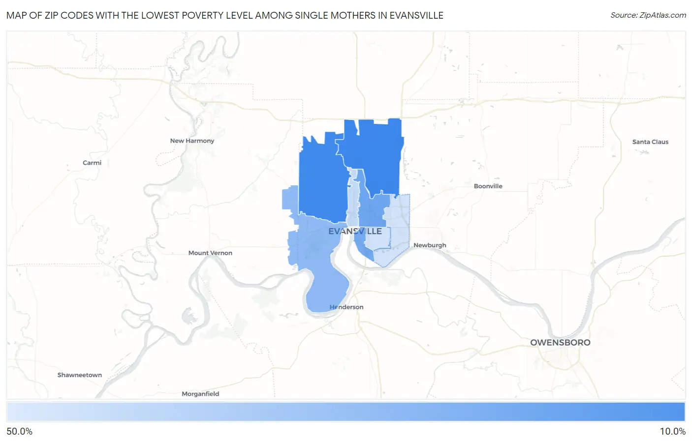 Zip Codes with the Lowest Poverty Level Among Single Mothers in Evansville Map
