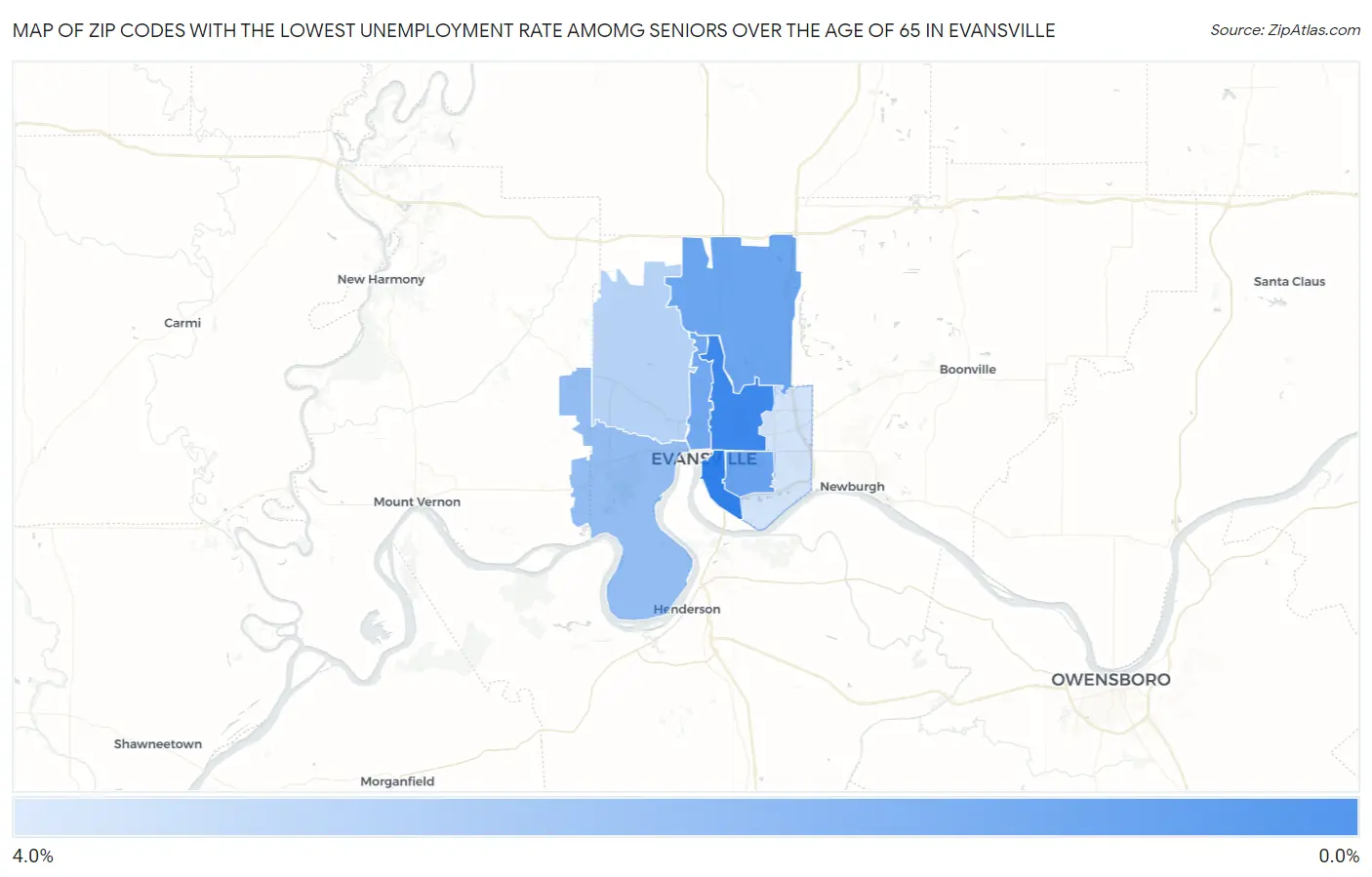 Zip Codes with the Lowest Unemployment Rate Amomg Seniors Over the Age of 65 in Evansville Map