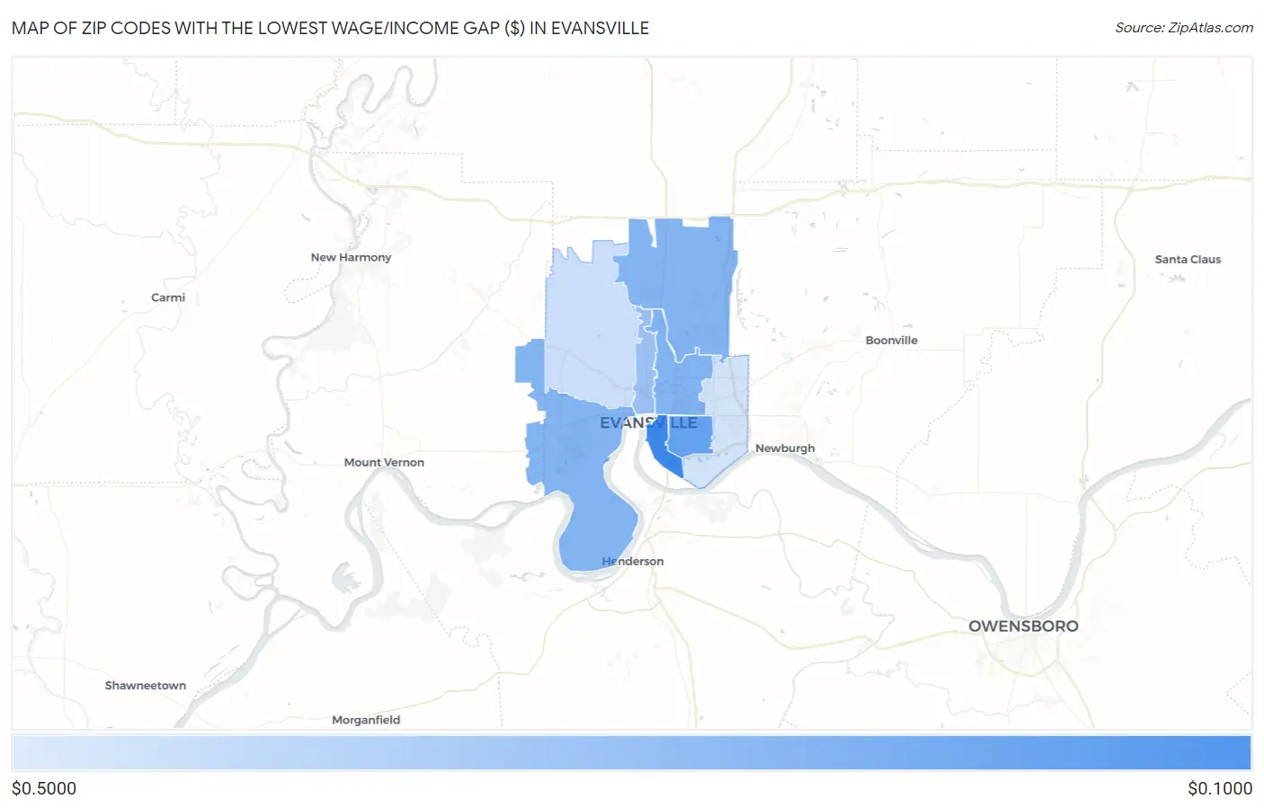 Zip Codes with the Lowest Wage/Income Gap ($) in Evansville Map