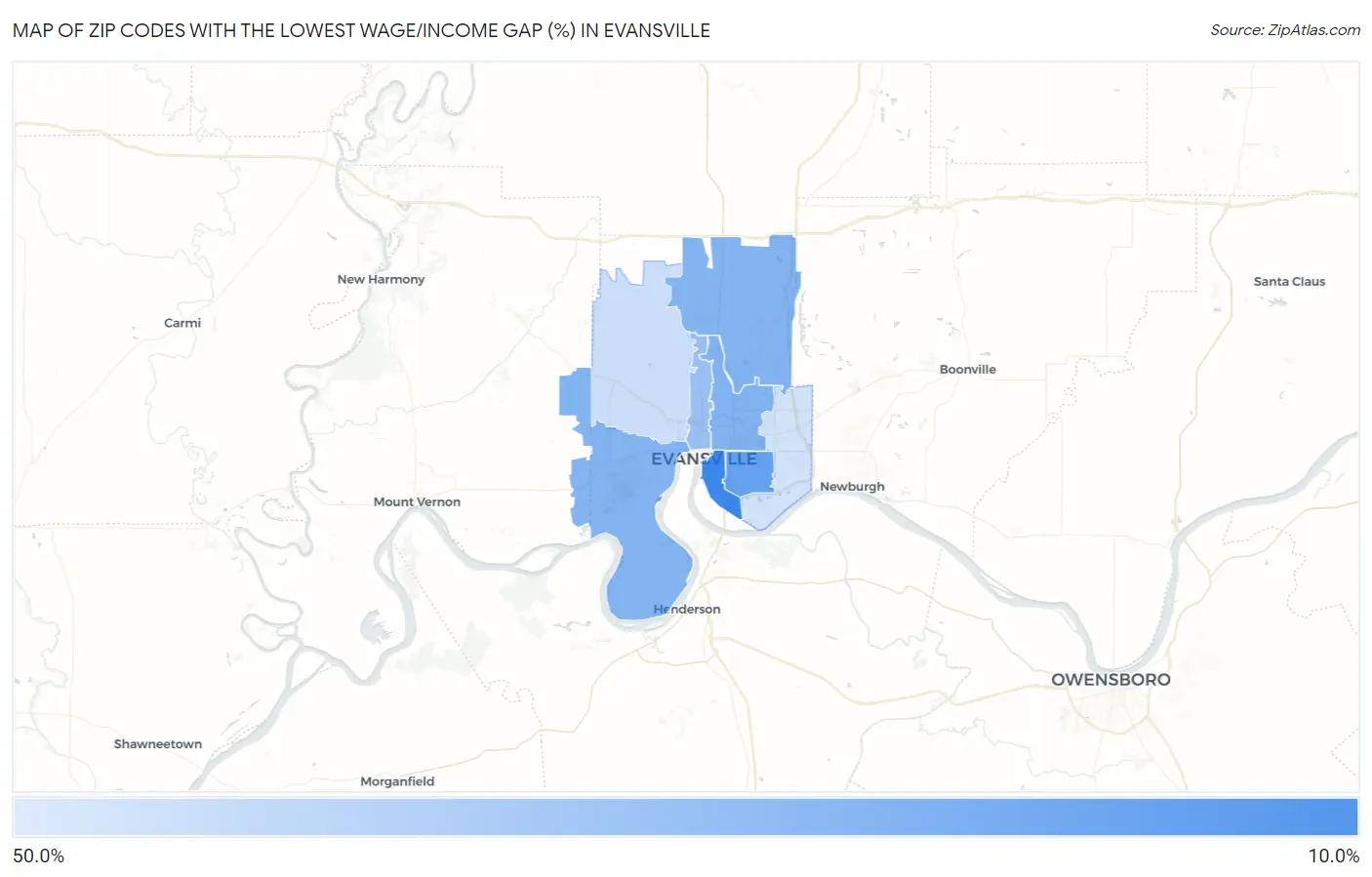 Zip Codes with the Lowest Wage/Income Gap (%) in Evansville Map