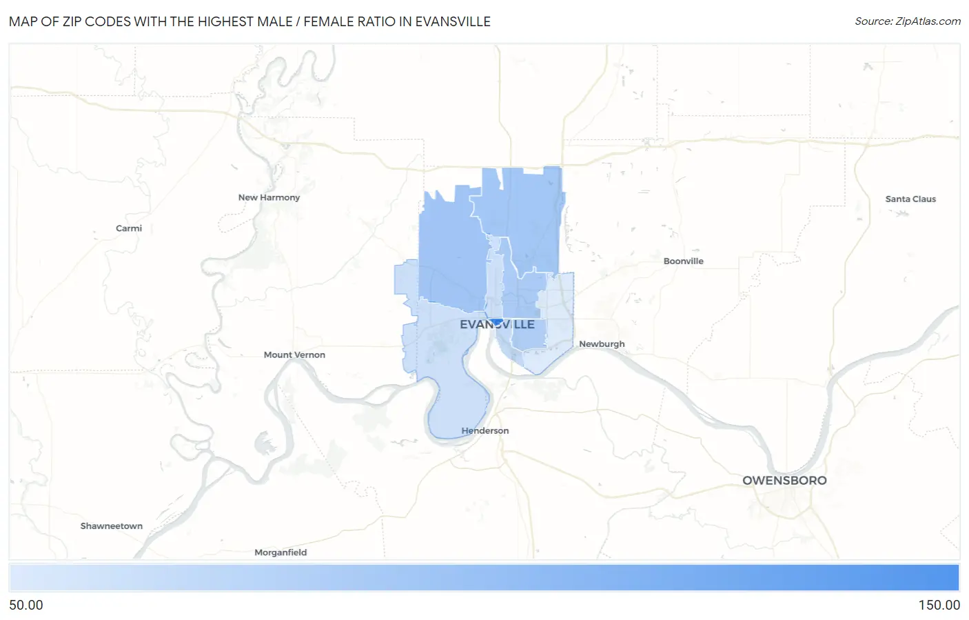 Zip Codes with the Highest Male / Female Ratio in Evansville Map