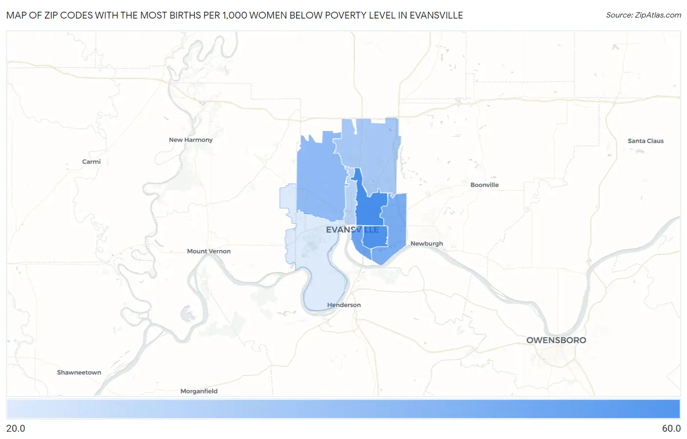 Zip Codes with the Most Births per 1,000 Women Below Poverty Level in Evansville Map