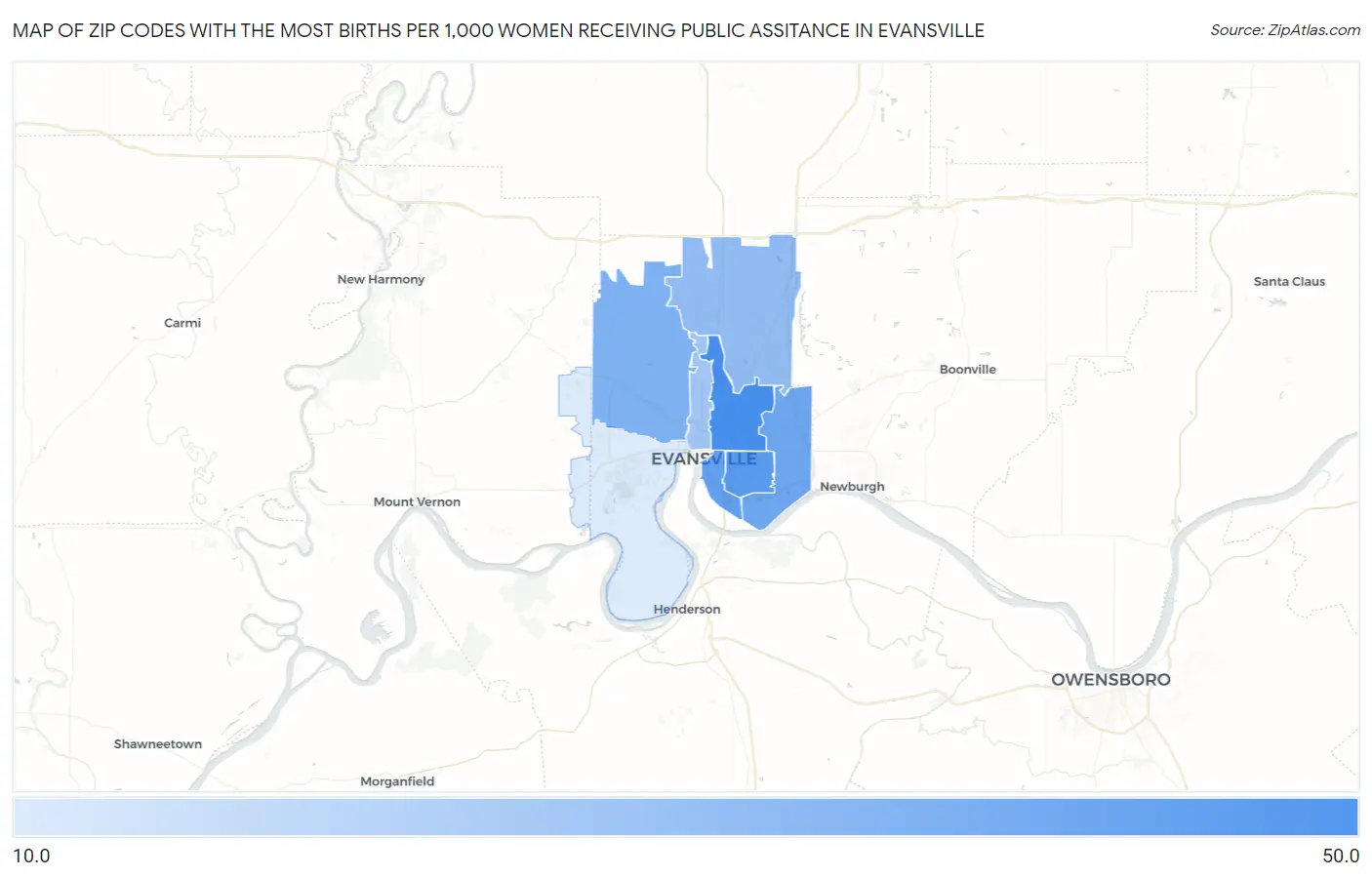 Zip Codes with the Most Births per 1,000 Women Receiving Public Assitance in Evansville Map