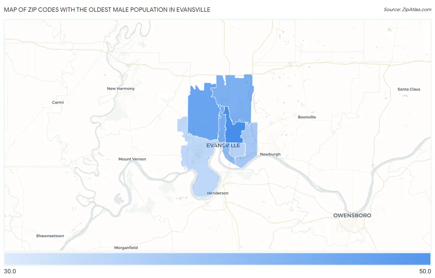 Zip Codes with the Oldest Male Population in Evansville Map